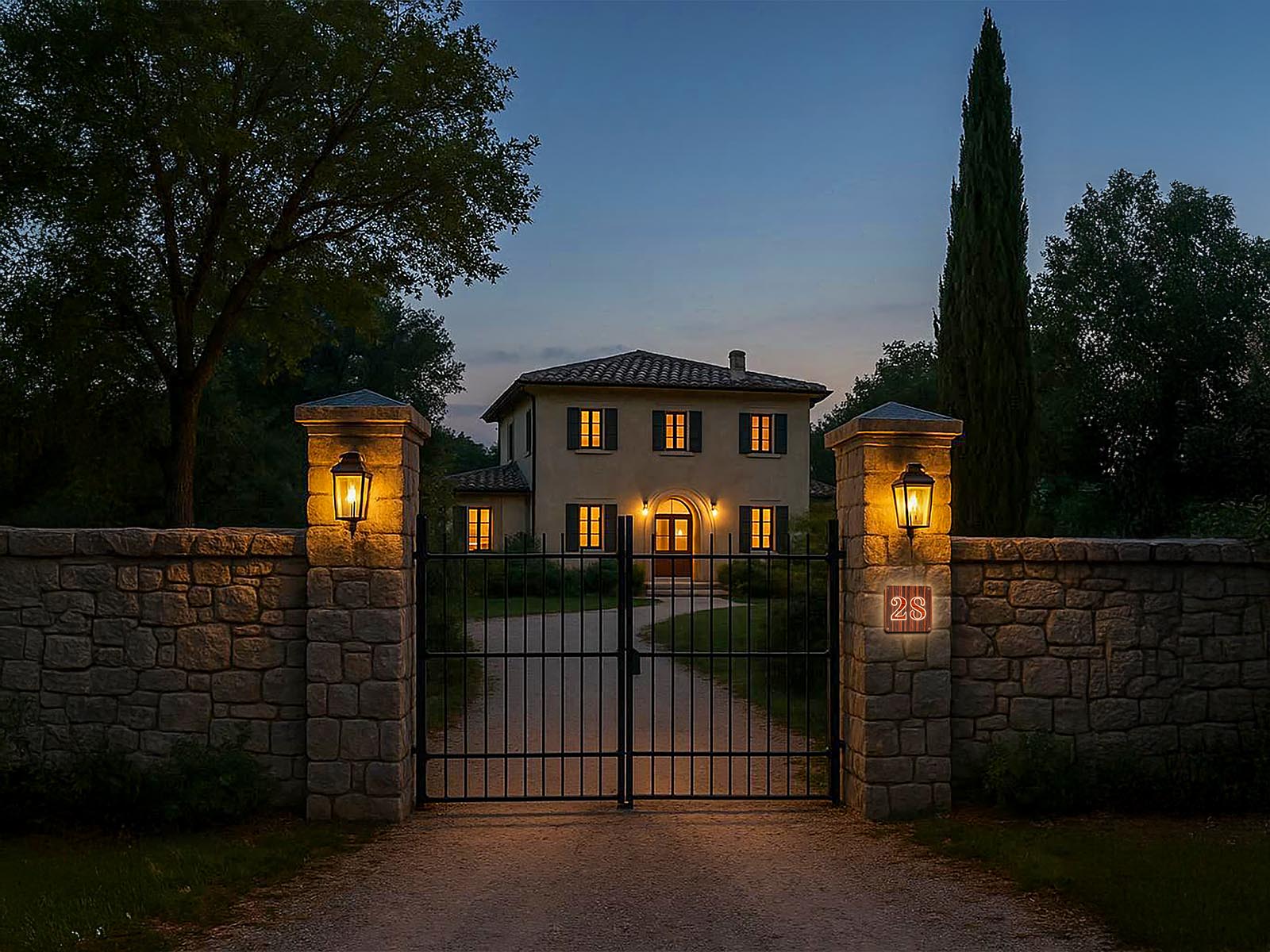 LED-huisnummerbord 28 op stenen zuil bij luxe villa-oprit