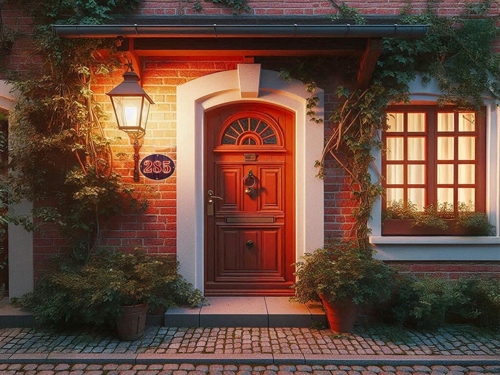 Rond LED-huisnummerbord in klassieke landelijke stijl met donkerblauw fineer – nummer 285 – IllumaSign by Elyssa