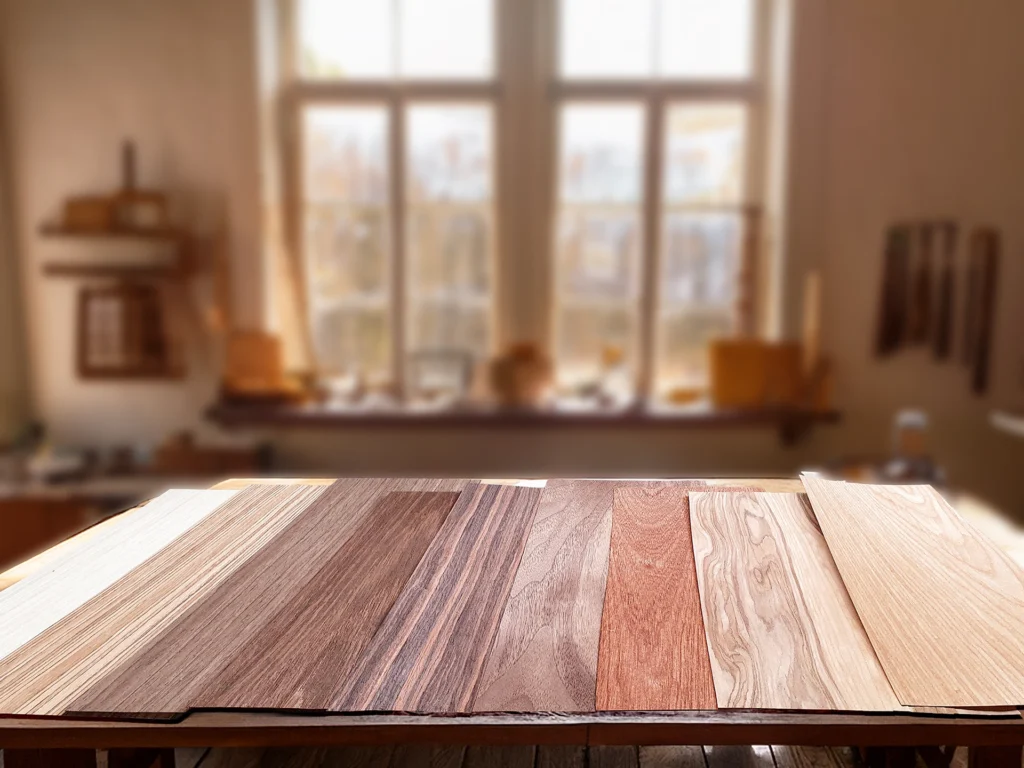 Selectie van verschillende houtfineersoorten op een werkbank in een ambachtelijke atelieromgeving